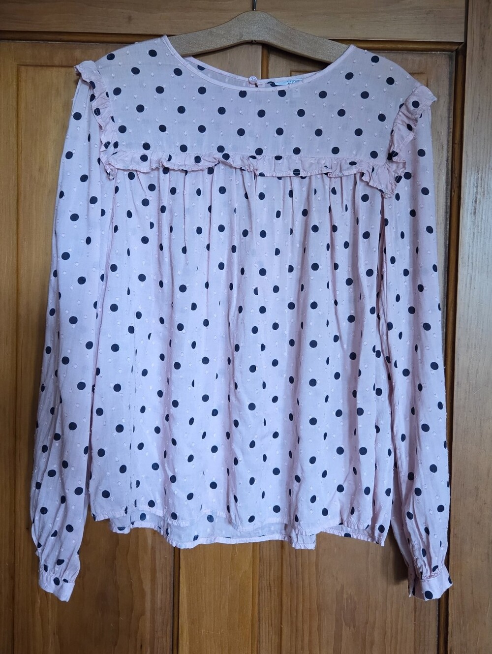 crown & ivy Pink Polka Dot Ruffle-Yoke Long Sleeve Blouse